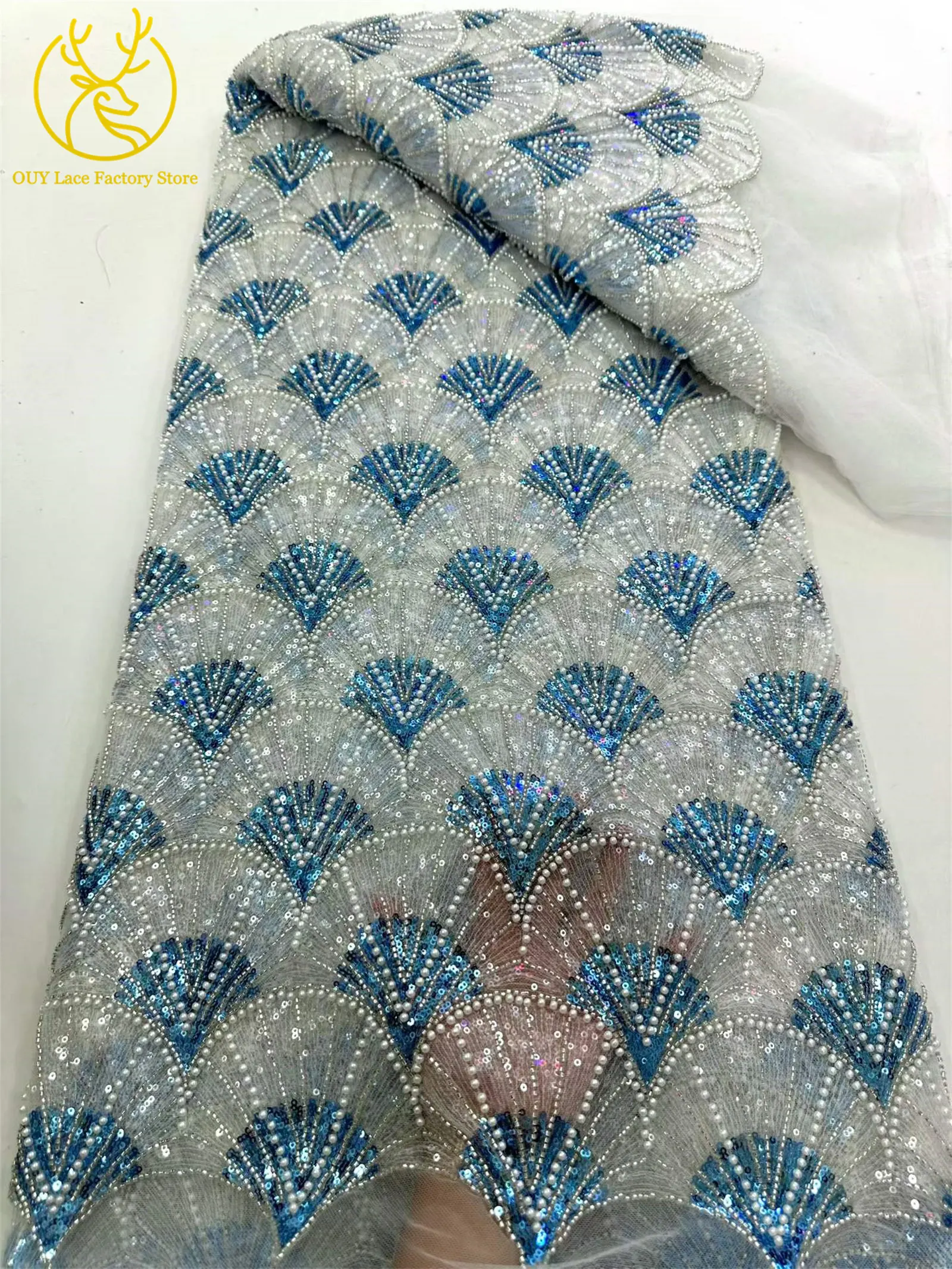 5 Yards Afrikanischer Pailletten-Perlen-Spitzenstoff Hochwertiger Französischer Tüll-Spitzenstoff Nigerianischer Spitzenstoff für Partykleider und Näharbeiten – Detail 7