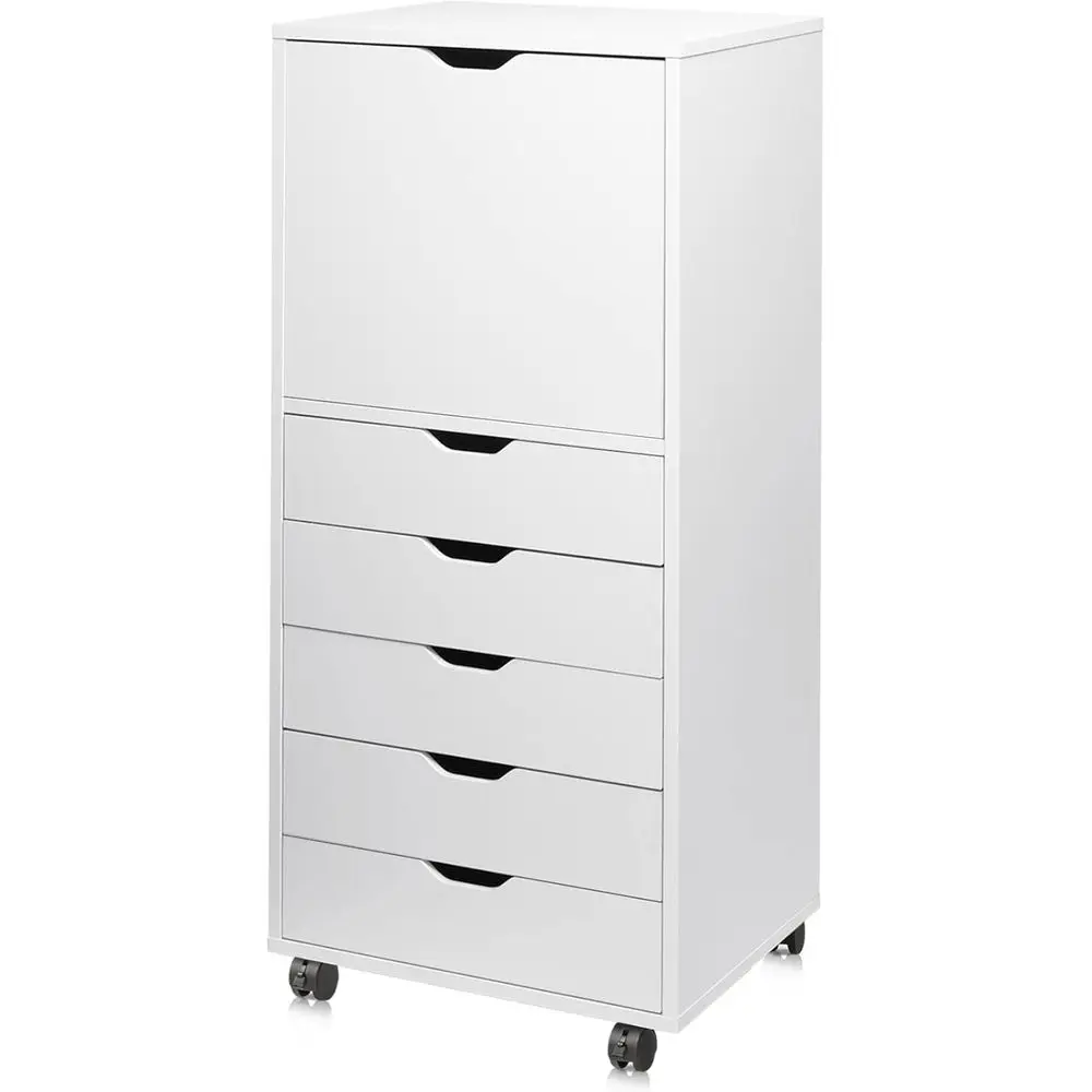 5-Drawer Mobile Office Cabinet with Door, Rolling Storage for Home or Office, White