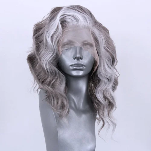 Imagen 2 del producto AIMEYA peluca con malla frontal sintética, pelucas de encaje gris resaltadas para mujeres negras, pelucas de Cosplay de parte lateral, peluca de onda corta, línea de cabello Natural