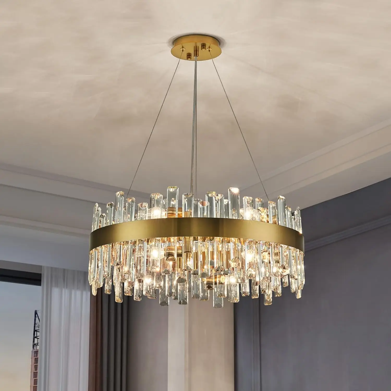 Gold Round 2 Tiers K9 Crystal Raindrop Chandelier 12 Lights Luxury Large Pendant Ceiling