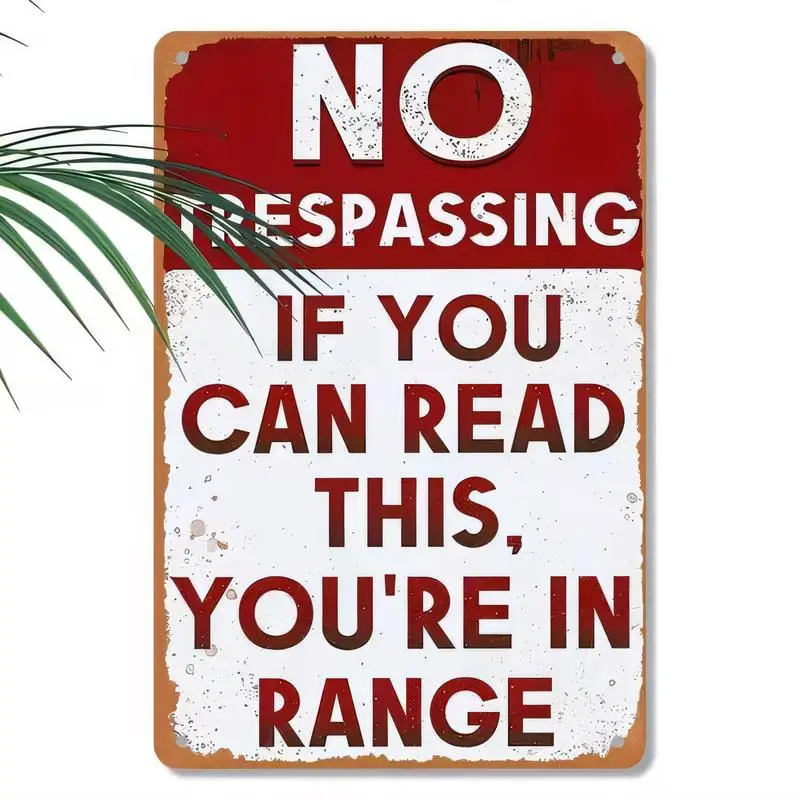 Vintage Distressed Metal No Trespassing Sign, Red-White Retro Tin Art, Humorous In Range Warning, Iron, Rustic Decor for Yard/Fa