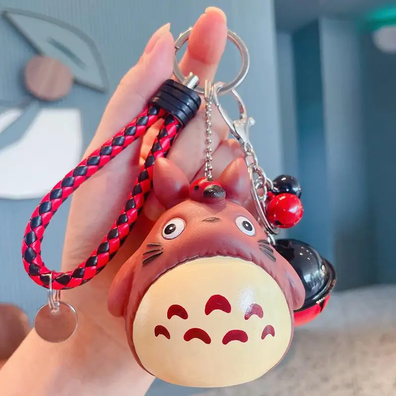 Cute Totoro Keychain Cartoon Figurine with Braided Wrist Strap & Bell, Bag & Car Pendant Accessory, Festive Gift for Couples