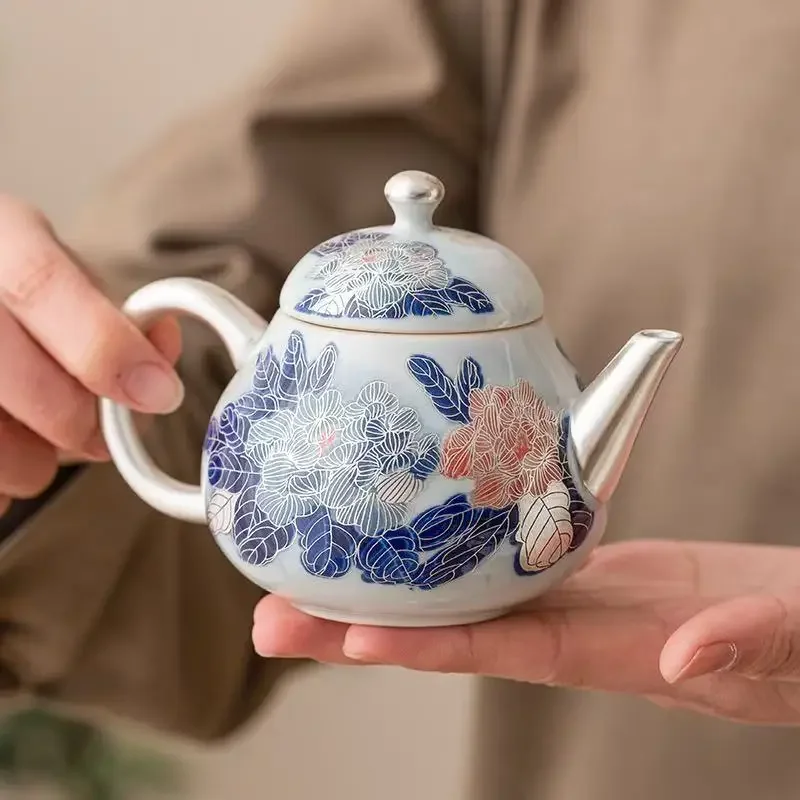 1PC 130ML Hand-painted 999 Silver Peony Pear-shaped Teapot Household High-end Brewing Teapot Chinese Kung Fu TeaSet Small Teapot