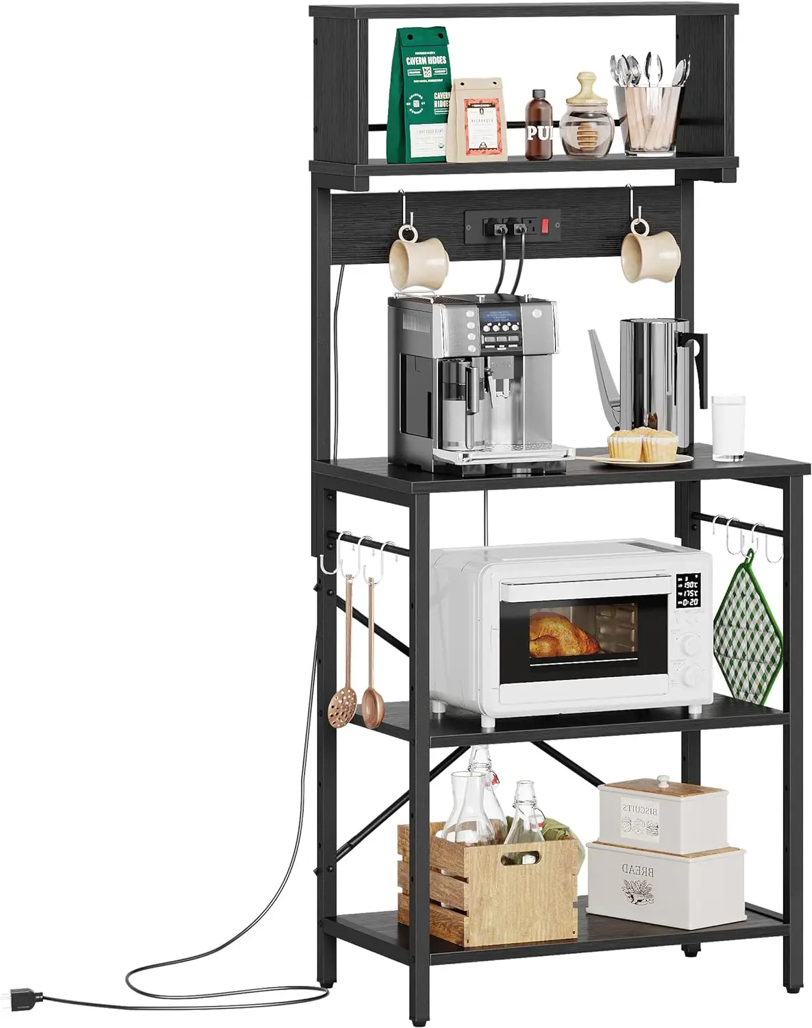 

Bestier Bakers Rack with Power Outlets, Height Adjustable Microwave Stand, Kitchen Storage Shelf Rack with 8 S-shaped Hooks, Cof