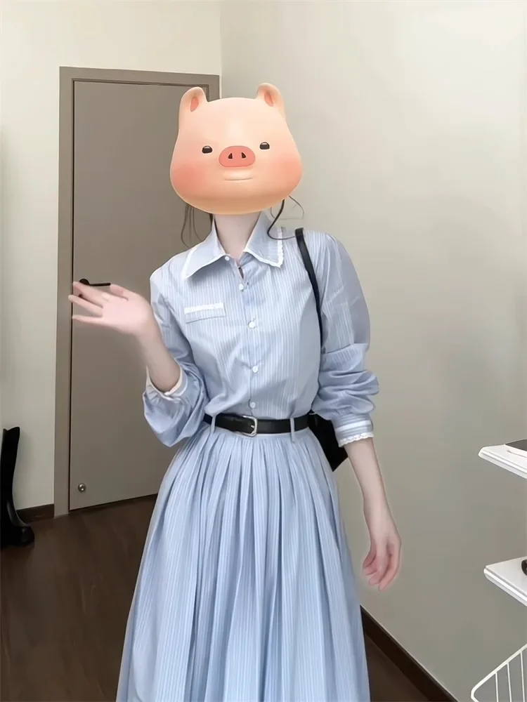 أنيقة الحلو Preppy النساء قمصان طويلة فساتين خمر الأزرق مخطط بولو طوق زر حتى فساتين مطوي الكورية أزياء الربيع