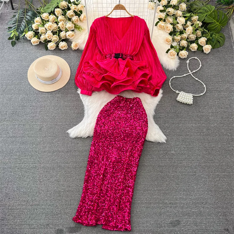 Socialite Formele Avondfeest Goud Tweedelige Set Vrouwen Luxe Cocktail Geplooid Glanzend Shirt en Bodycon Lovertjes Rok Past