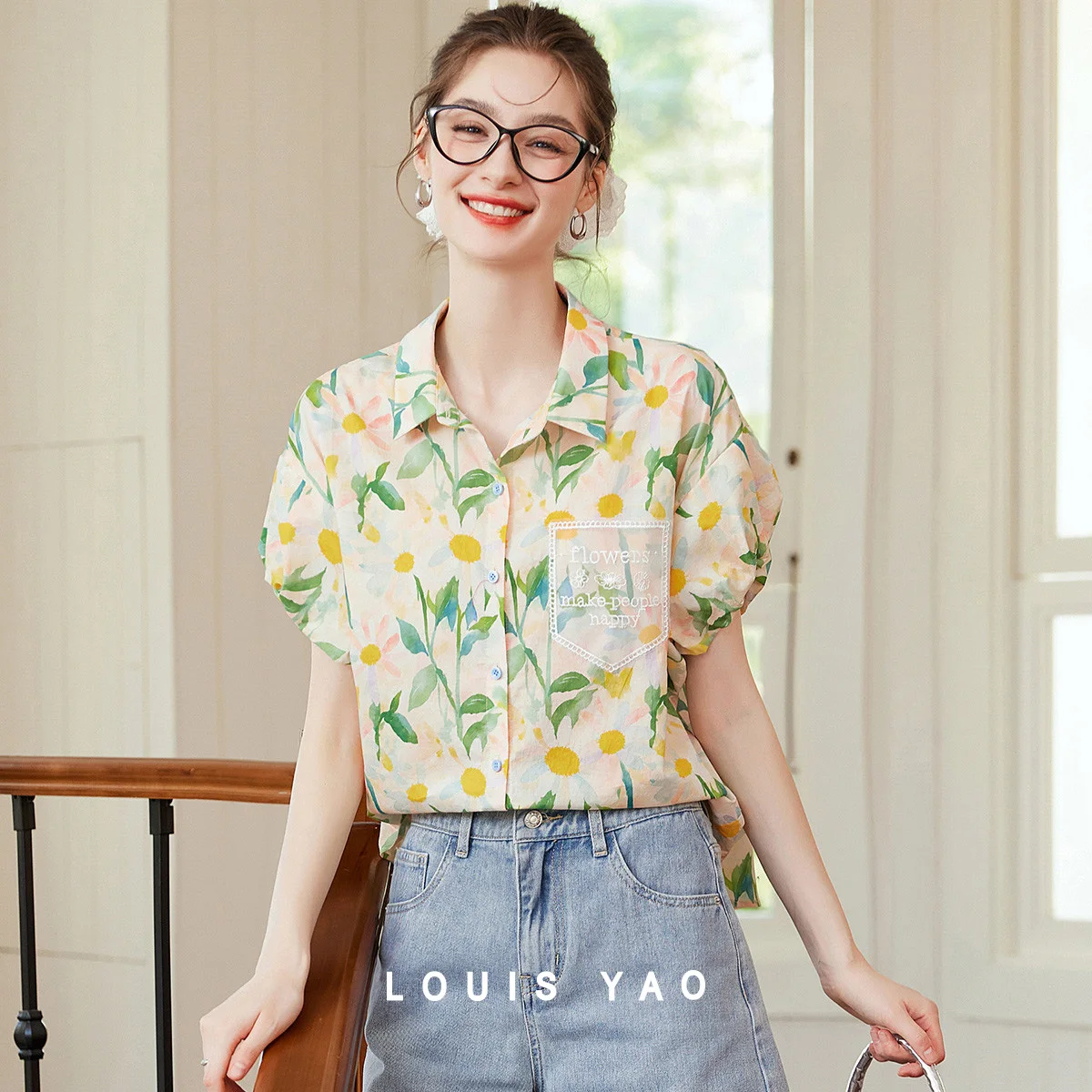 

Printing Women's Blouses Contrasting Colours Idyllic Style Cardigan Drop Shoulder Short Sleeve Shirt Top Women Summer 2025