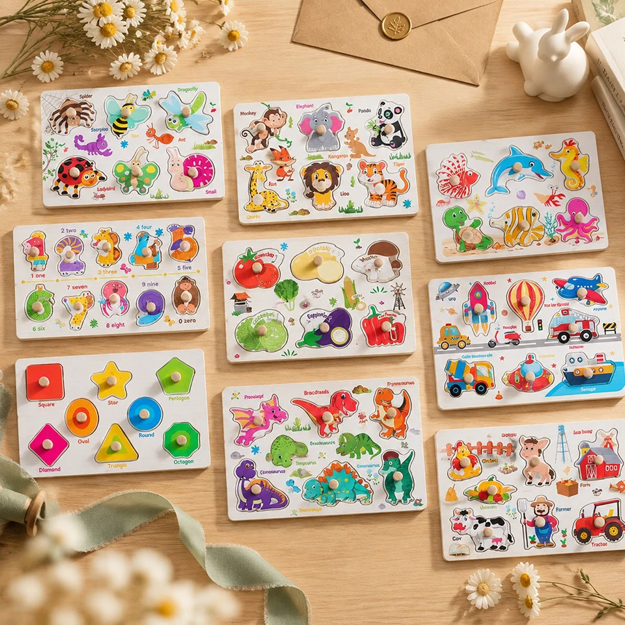1PC Hand Grab Wooden Puzzle Board Color Shape Recognition Sensory Perception Development Preschool Learning Holiday Presents ZYF