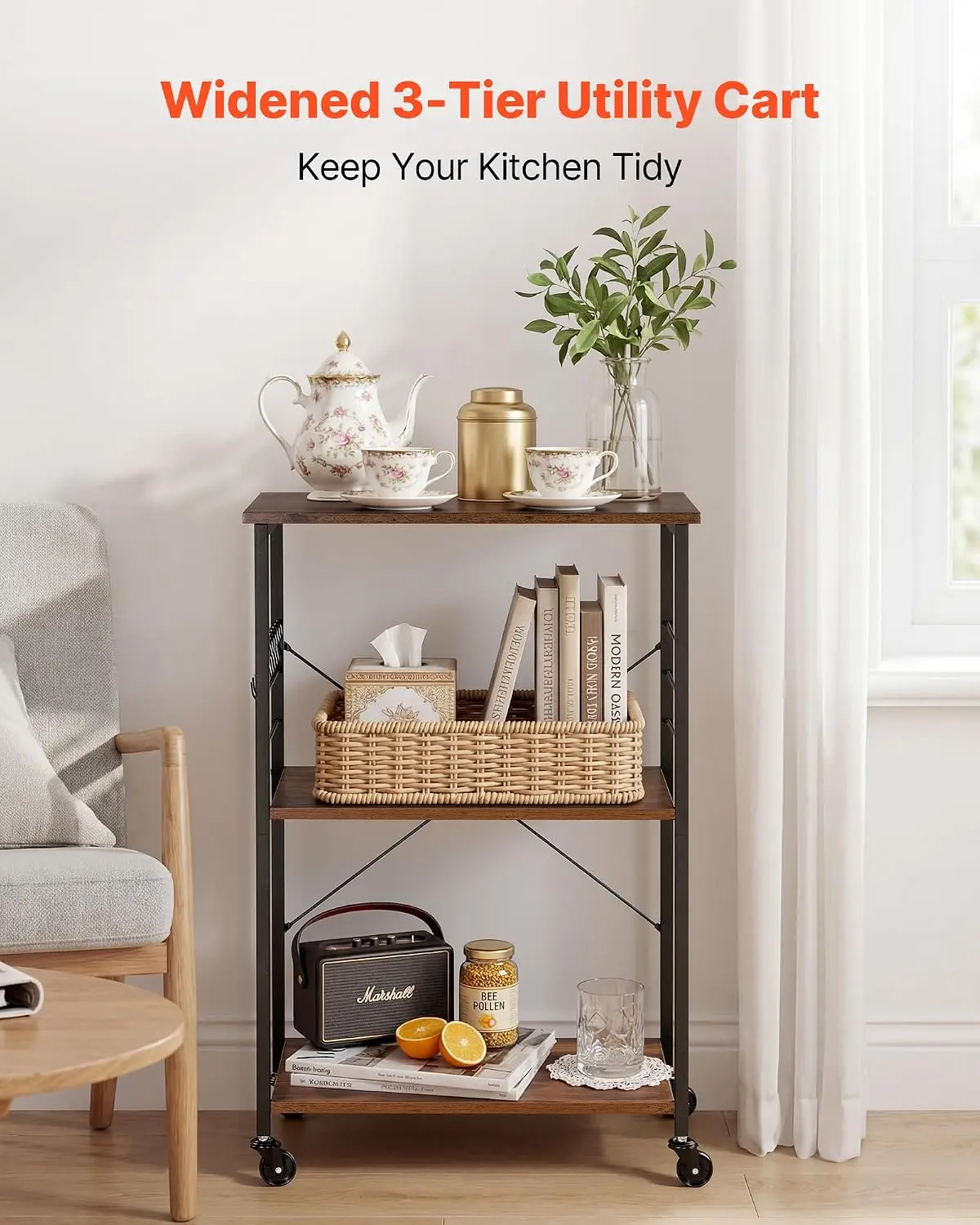 Kitchen Utility Cart, 3 Tier 23.7 in Microwave Stand Coffee Cart, Heavy Duty Storage Rack, Service Trolley on Wheels, Industrial