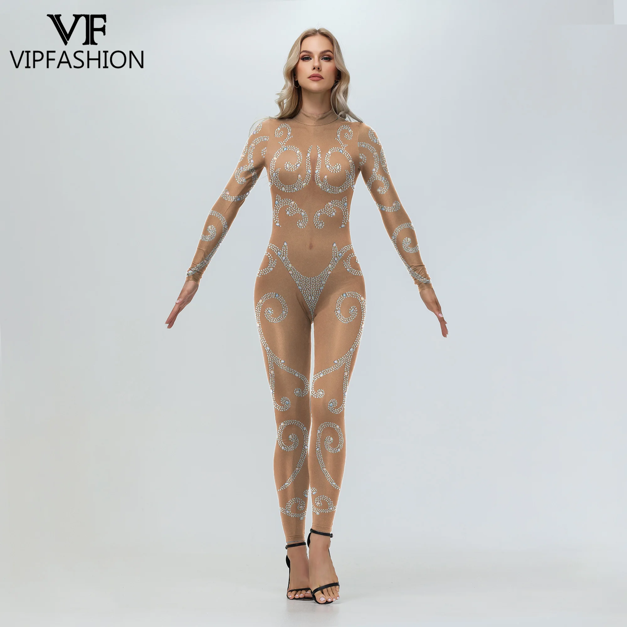 VIP FASHION Damski Kombinezon z Nadrukiem Kryształów 3D Diamentów na Imprezę Pokazową, Kostium Cosplay na Halloween, Festiwalowy Zentai Catsuit