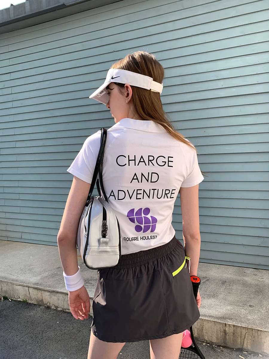 Square Houlest Tennis  Shirt Fitness Sporty Short Sleeve T-Shirt Shoulder Flip Collar Versatile Commuting Women's Top