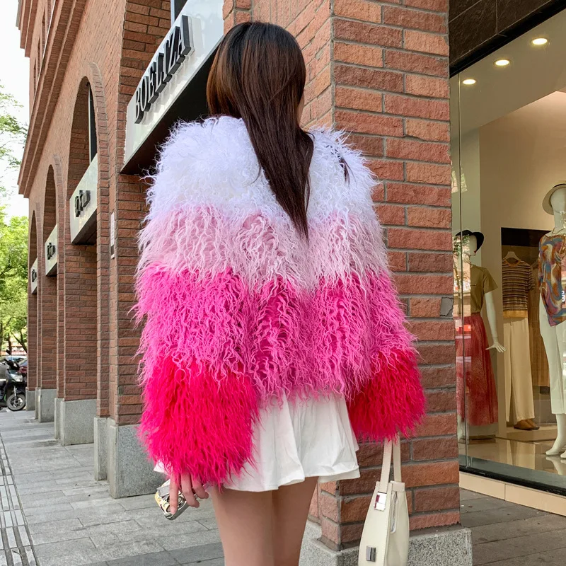 Faux Sheep Wool Short White Pink Rose Red Color-Block Fuzzy Patchwork Women's Coat