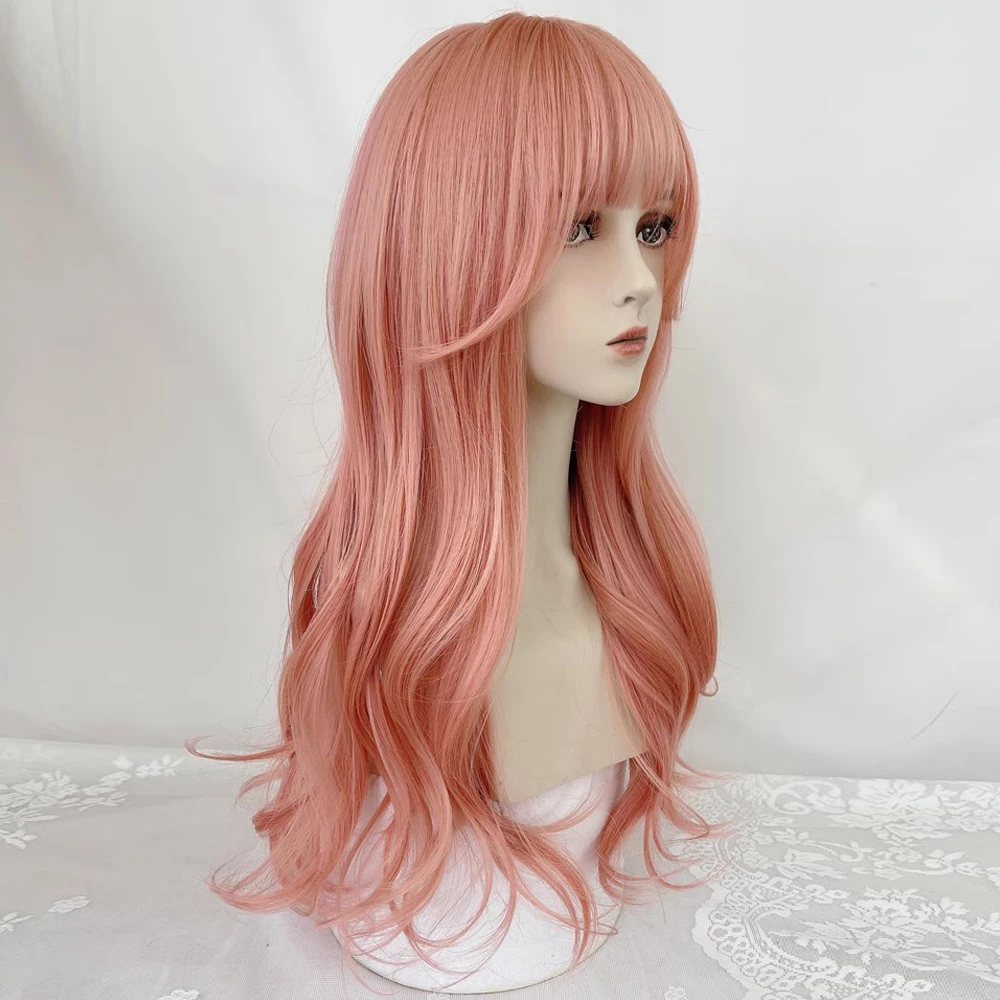 VICWIG Long Pink Wavy Wig with Bangs Synthetic Women Lolita Cosplay Fluffy Natural Hair Wig for Daily Party