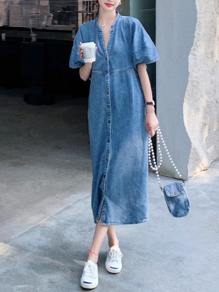 Summer Dress Women 2023 Denim Blue Dress Vintage Female Fashion Korean Casual Clothes Clothing