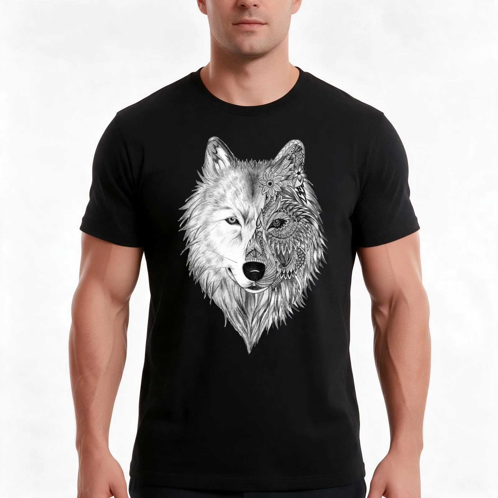 Wolf Face, Half Geometric,WOLF MOONLIGHT T-Shirt, Summer Casual Cotton Tee, Oversized Streetwear Tops, Vintage Graphic Print