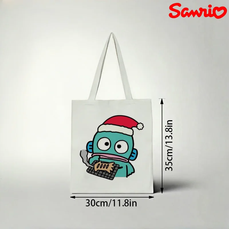 

1pc Sanrio Hangyodon Canvas Tote Bag, Christmas Hat & Grilled Fish Print Eco Shoulder Bag