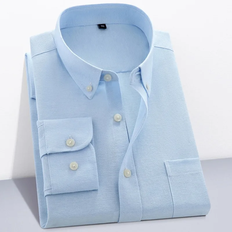 Men's Business and Leisure Work Shirt Solid Color Long Sleeve Lapel Button Shirt Spring 60% Cotton +40% Polyester Pocket Top.