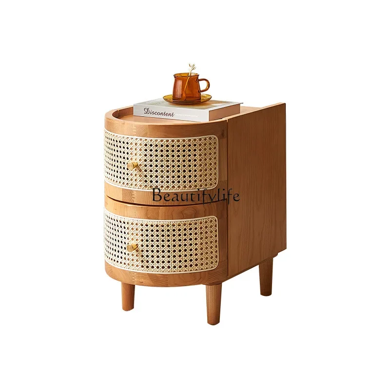 Solid wood rattan bedside Japanese-style locker, simple Nordic wabi-sabi wind edge few small drawer storage cabinet