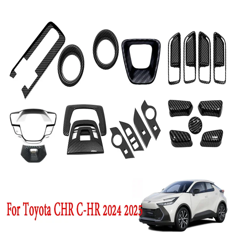 For Toyota CHR C-HR 2024 2025 ABS Carbon Fiber Window Lift Switch Gear Shift Panel Steering Wheel AC Cover Interior Accessories