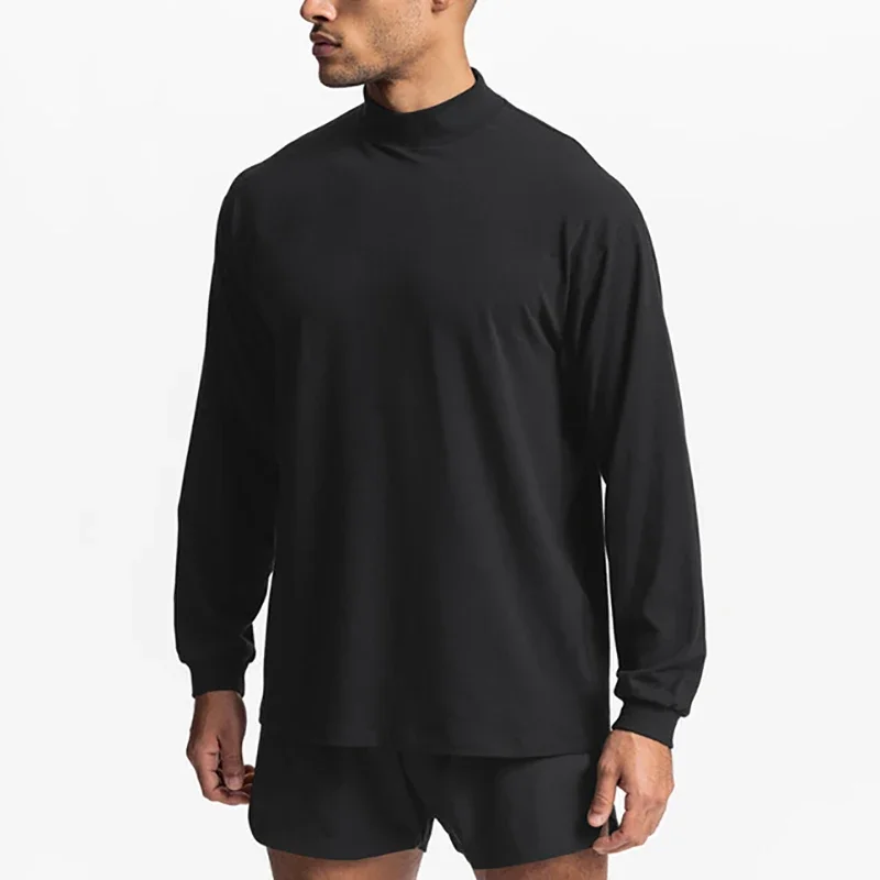 Oversized Long Sleeve Running T-shirts Mens Turtleneck Dropped Shoulder Loose Sports Fitness T Shirt Gym Bodybuilding Tops Tees