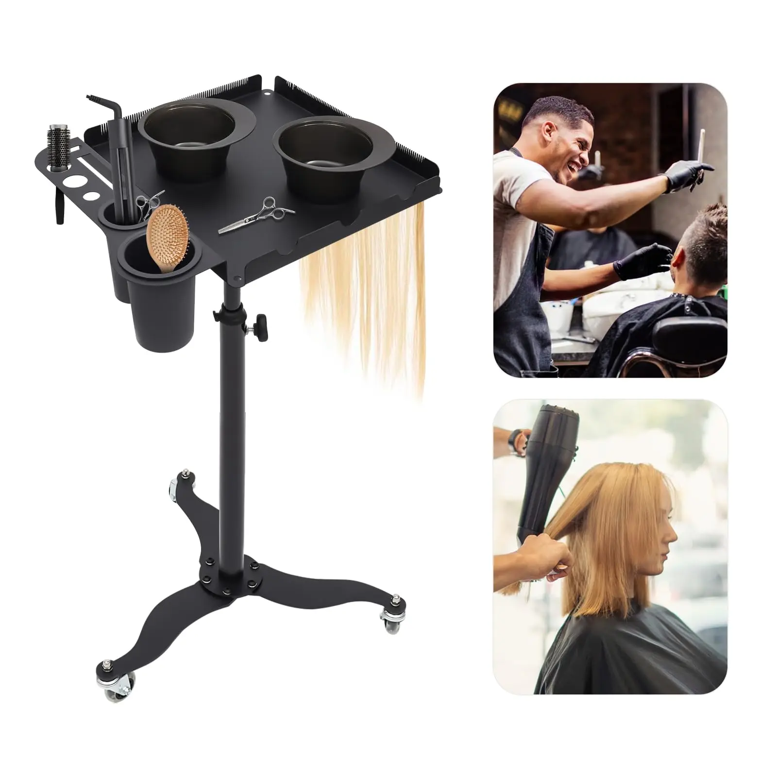 Rolling Salon Tray on Wheels, Metal Hairstylist Tray Rolling Cart for Hair Salon Station with 2 Hair Color Bowls, Salon Trolley