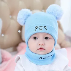 2pcs Winter Baby Hat Scarf Set Toddler Girl Boy Cap Knitted Beanie Fur Ball Cartoon Bear Snow Outfit Infant Accessories