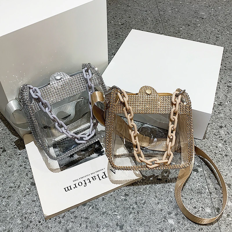 PVC Transparent Shoulder Crossbody Bag Rhinestone Thick Chain Ladies Small Purse and Handbags Fashion Jelly Summer Beach Totes