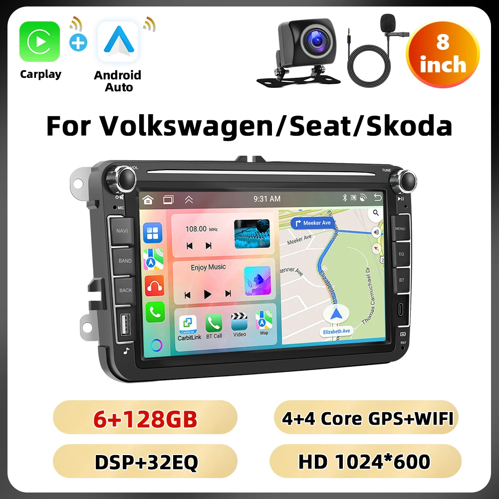 Podofo 6 + 128G 8 ''Autoradio Voor VW/PASSAT/TOURAN/GOLF/KEVER Multimedia Speler Carplay Android Auto BT GPS WIFI RDS Auto Stereo