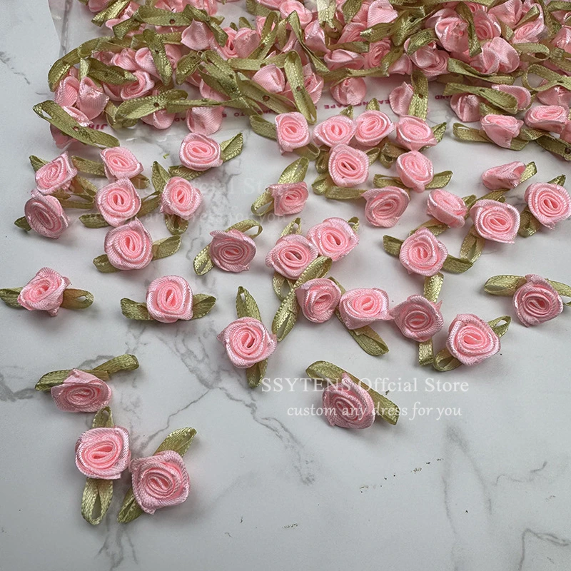 Fleur de Rose faite à la main avec feuilles vertes, 3cm, accessoires artisanaux en ruban de Satin pour robe de soirée, robes de soirée, bricolage D