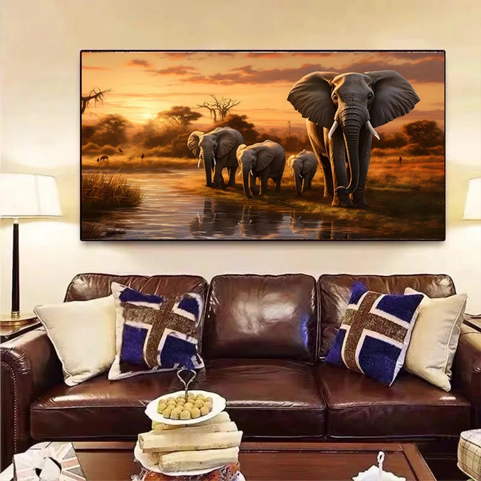 5D Diy Large Size Diamond Painting Sale Sunset African Elephant Square Round Diamond Mosaic Diamond Grams Embroidery Wildlife Wal