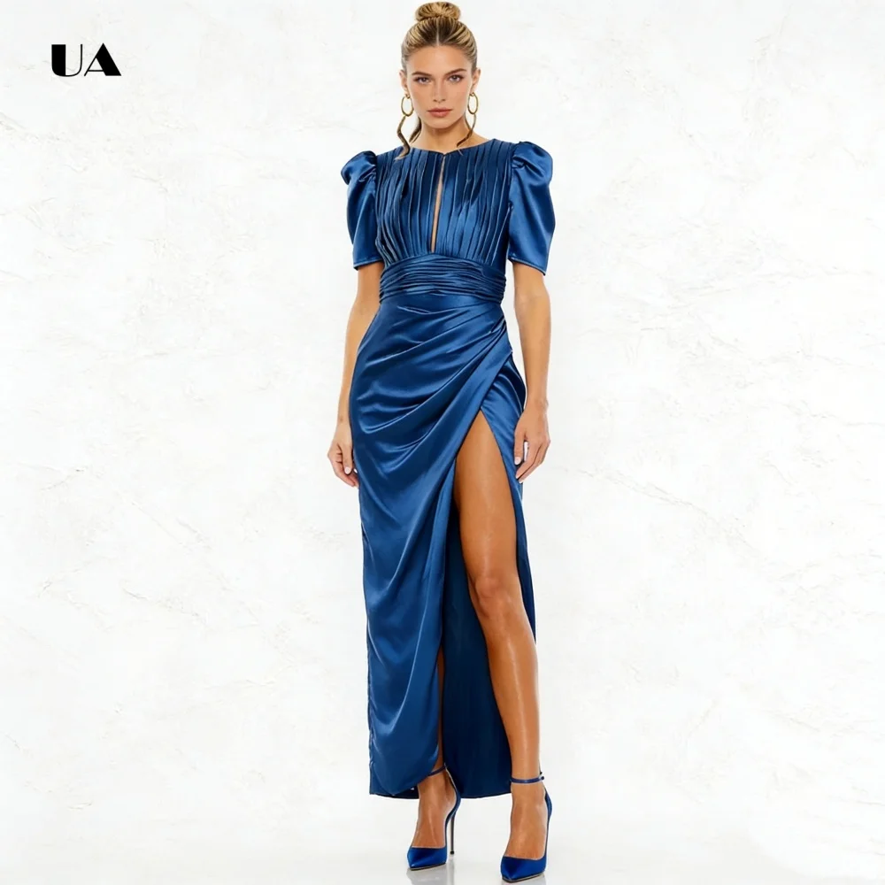 ULBYANRY Satin Sheath Prom Dress with Puff Sleeves, Solid O-neck Cut Out Evening Dress, High Slit Draped Customized Party Gown