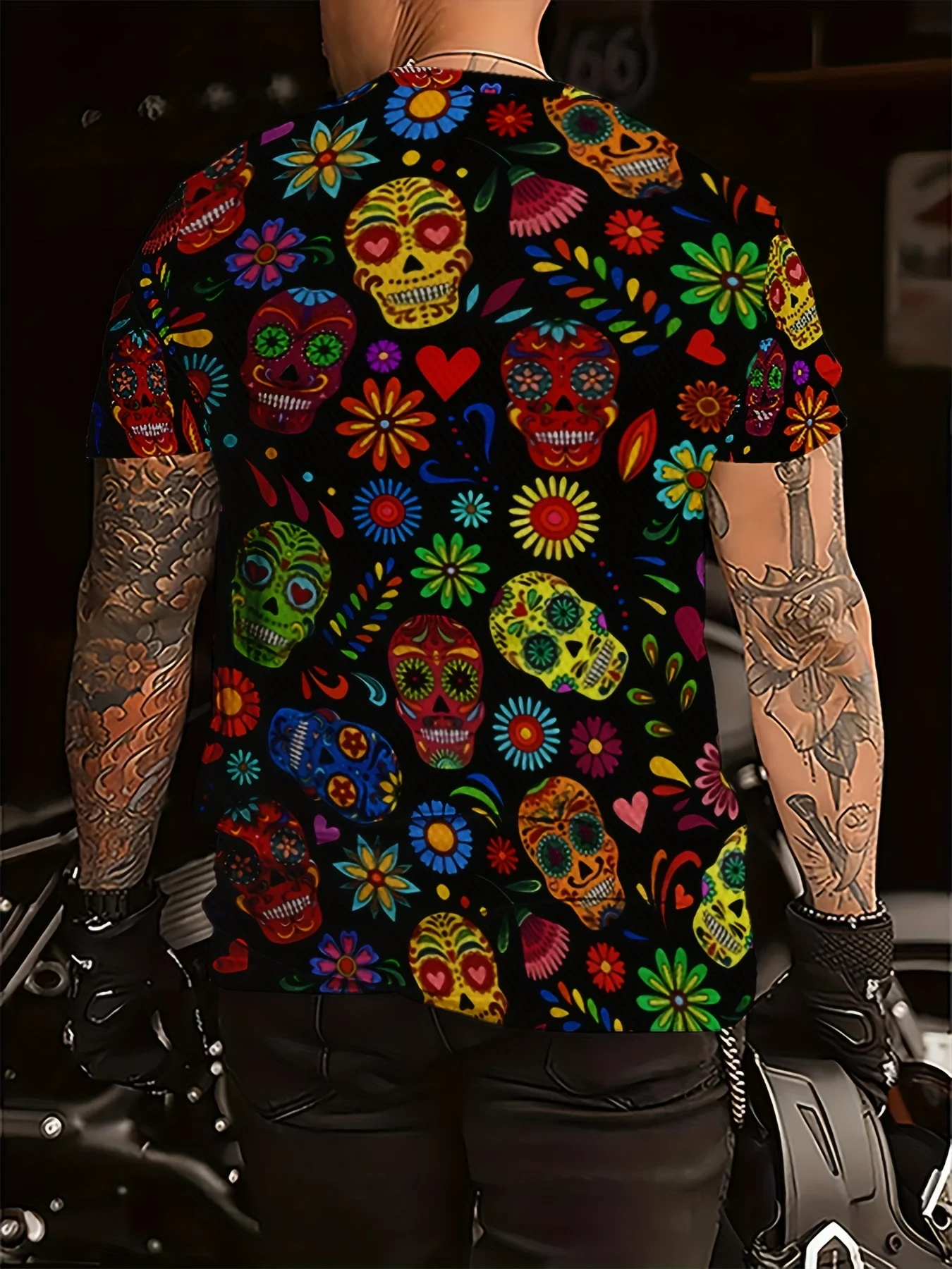Men Short Sleeve T‑Shirt Mexican Day Of The Dead Sugar Skull Floral Print Crew Neck Casual Tops