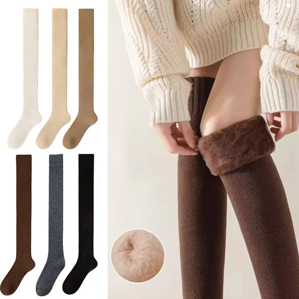 

OVER-KNEE SOCKS Winter Warm Long Stockings Thick Thermal Fleece-Lined Solid Harajuku Thicken Casual Knee High Socks For Women