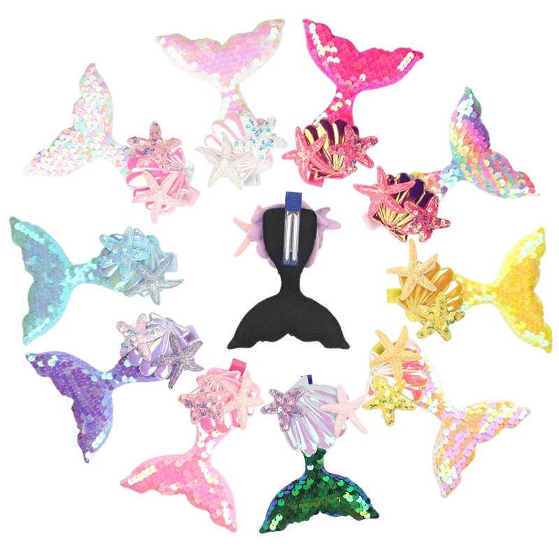 2Pcs/Lot Chic Sequins Mermaid Hair Clips Girls Bling Seashell Starfish Hairpins Festival Cartoon DIY Hair Accessories