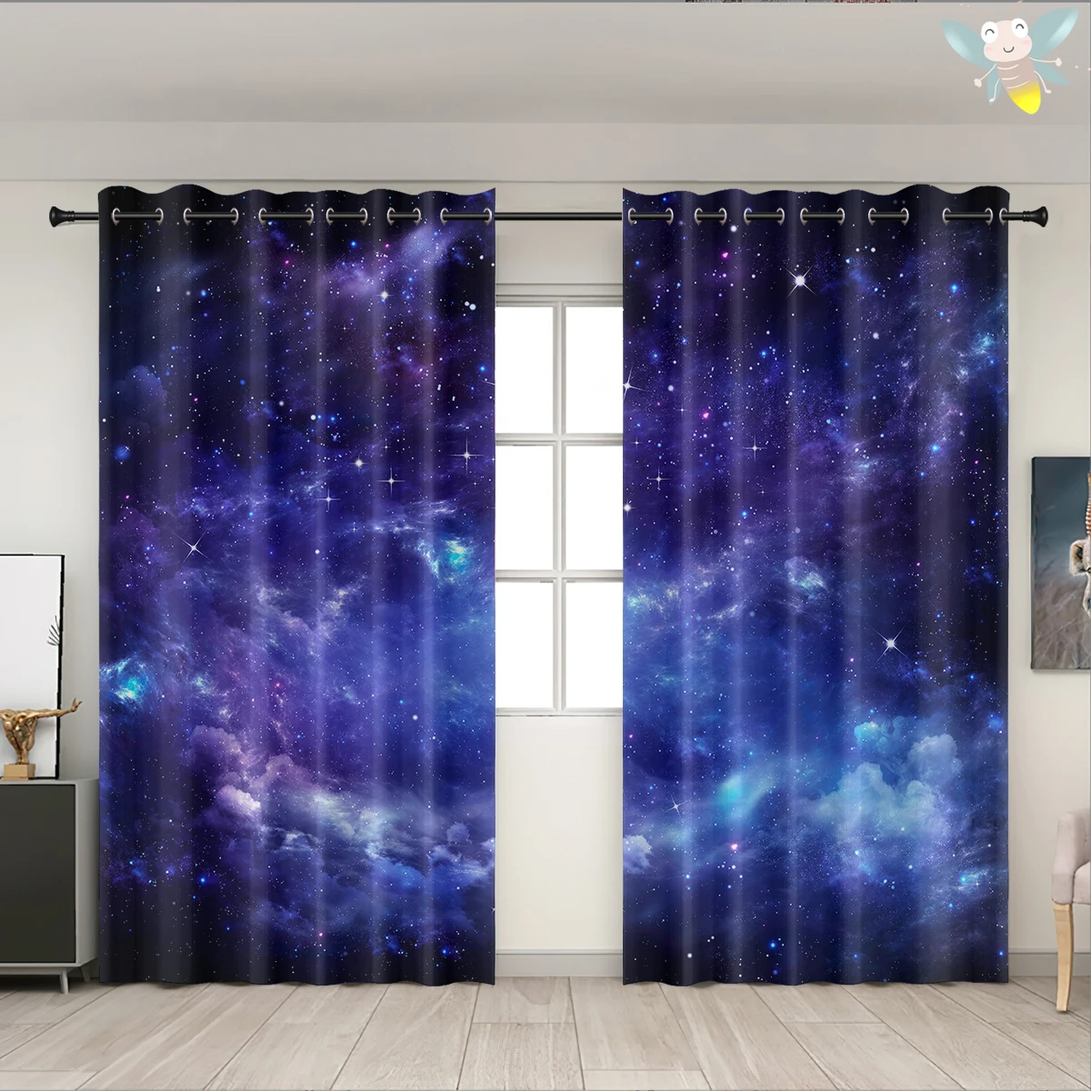 2PC high blackout perforated polyester curtain, double-sided matte, left and right double opening, blue purple nebula galaxy