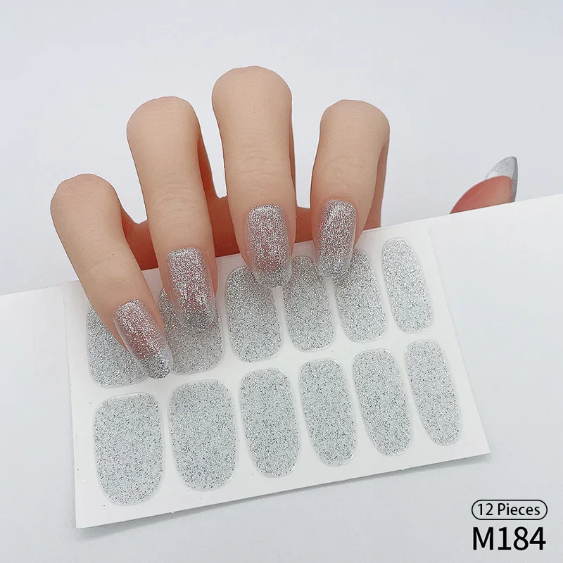 Silver Glitter Full Cover Nail Wraps Press on Self Adhesive DIY Nail Polish Sticker Long Lasting Manicure Baking-free Nail Decal