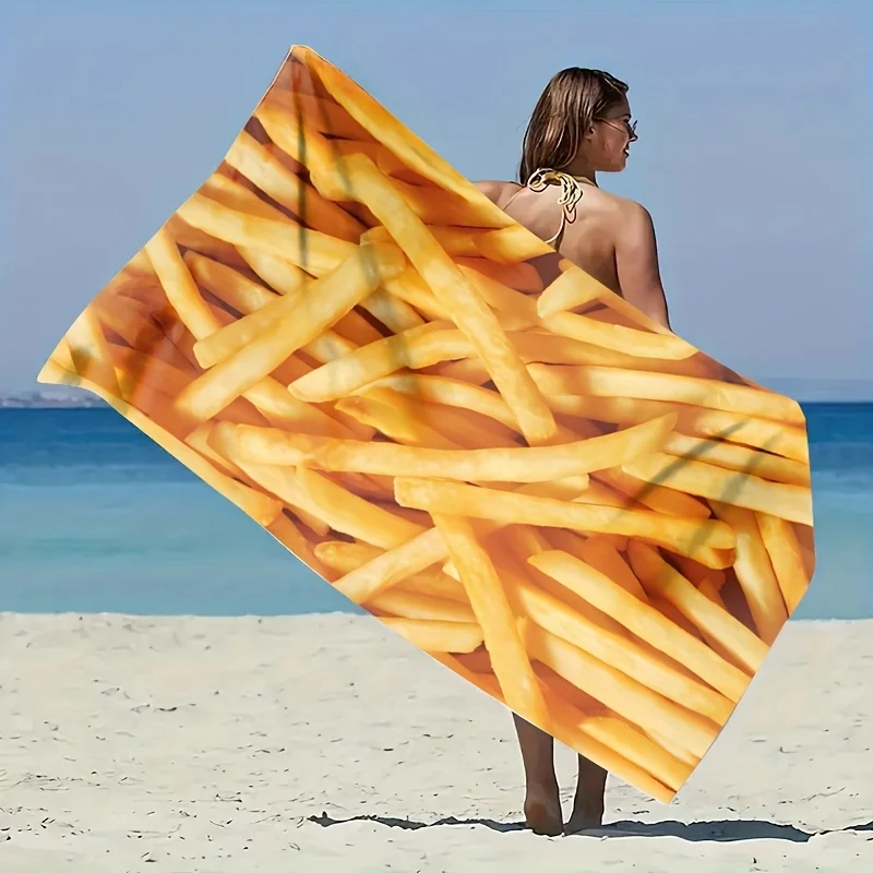 カスタムフライドポテトビーチタオル-パーソナライズされた名前写真-160x80cm-マイクロファイバーバスタオル-オールシーズン-ソフト吸収性ブランケット
