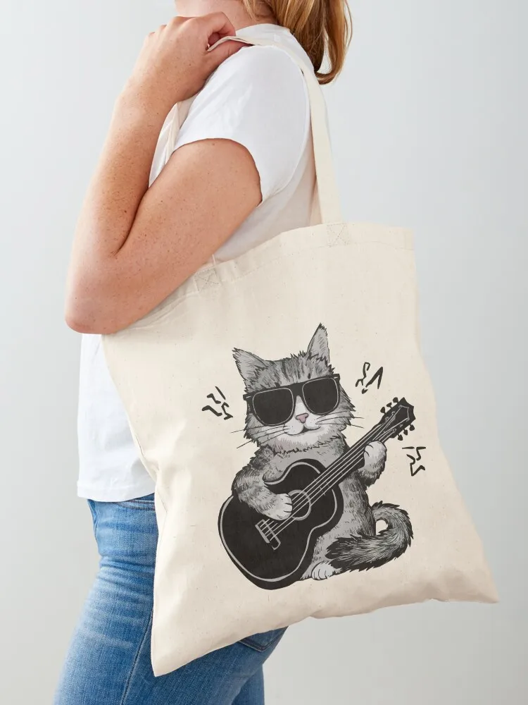 

Funny Cat Wearing Sunglasses & Playing Guitar for Cat Kitten Lover - Tote Bag hand bag ladies Handbags canvas shopping bag