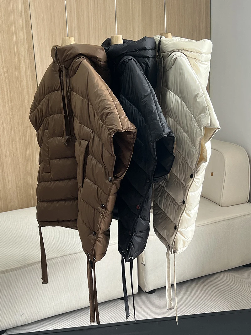Schinteon Women 90% White Duck Down Irregular Vest with Hood Sleeveless Jacket Solid Fashionable Autumn Winter Top 2025 New