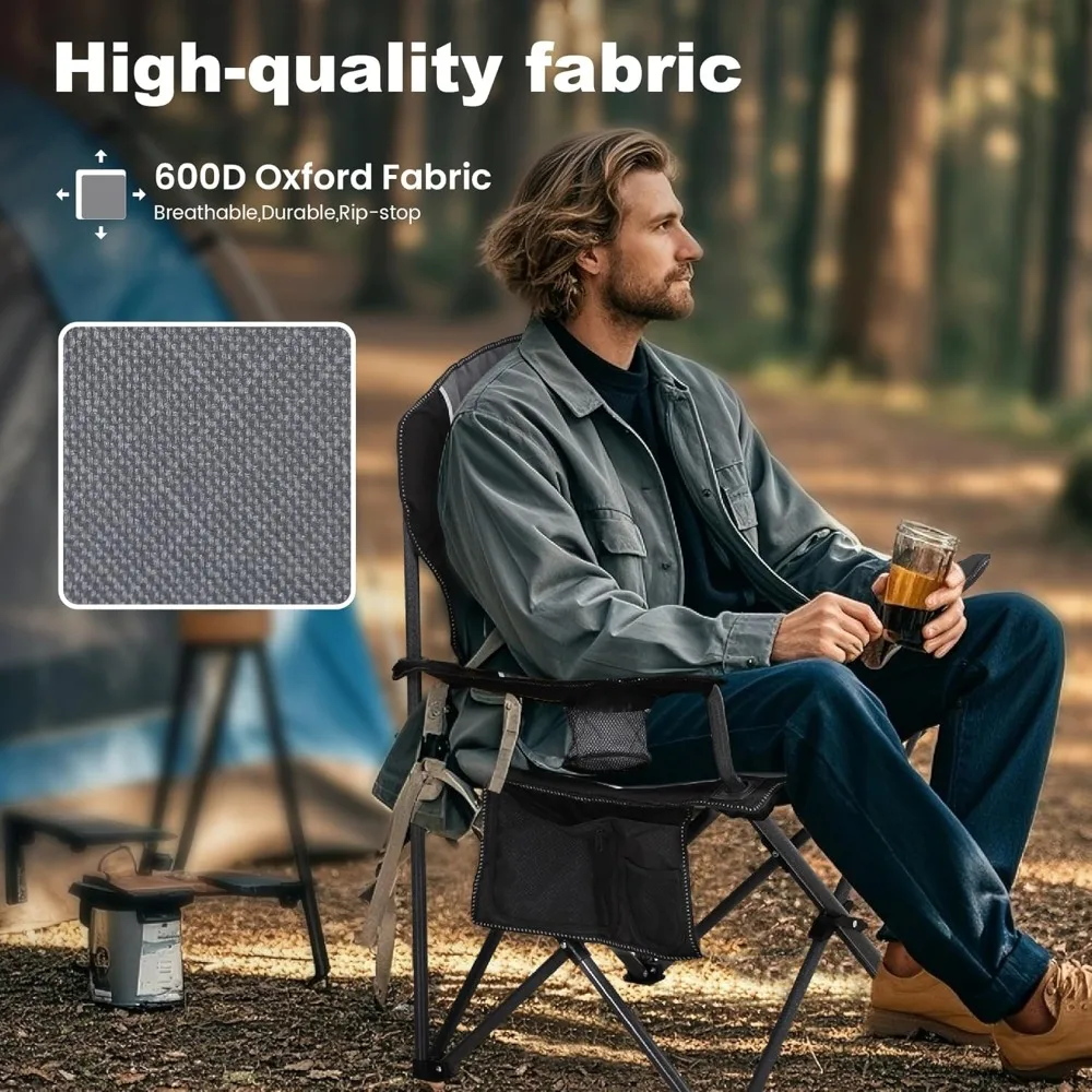 كرسي تخييم كبير الحجم قابل للطي للاستخدام الخارجي، كرسي بذراع عالي التحمل مع حامل أكواب وحقيبة تخزين، سعة وزن 350 رطلًا