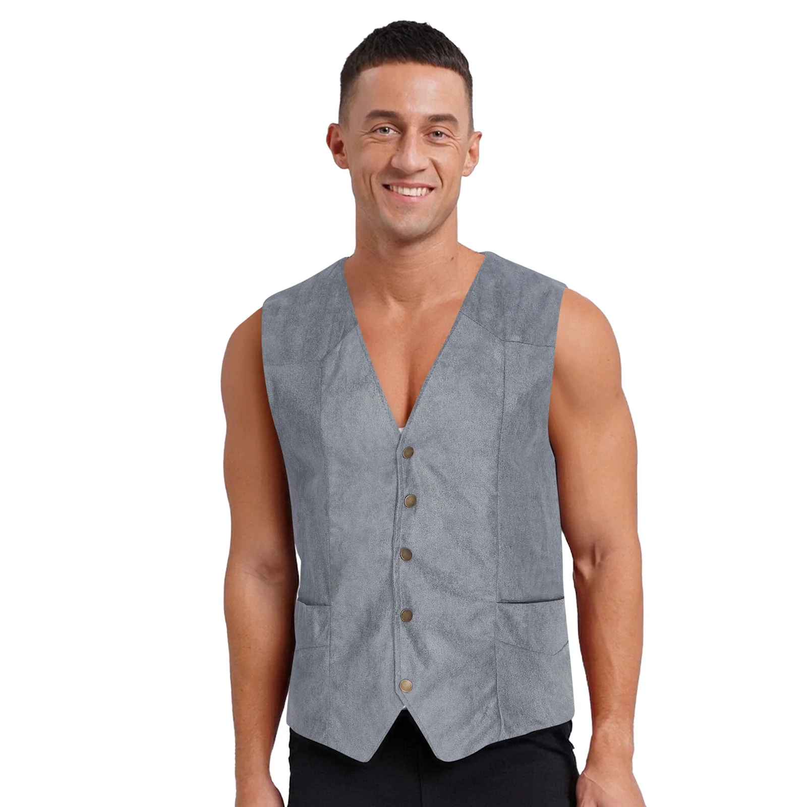 

Men Gentleman Suit Waistcoat V Neck Retro Pressing Buttons Pockets Pointed Hem Slim Vest Tank Top for Cocktails Partys Banquets