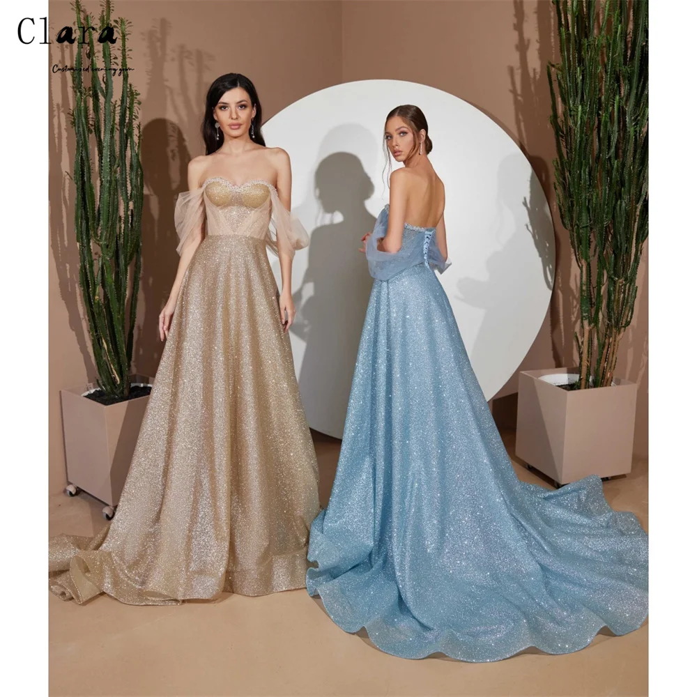 Clara personalizado brillante fuera del hombro sin espalda A-line curvado elegante vestidos de fiesta 2025 elegante vestido de fiesta de boda de noche