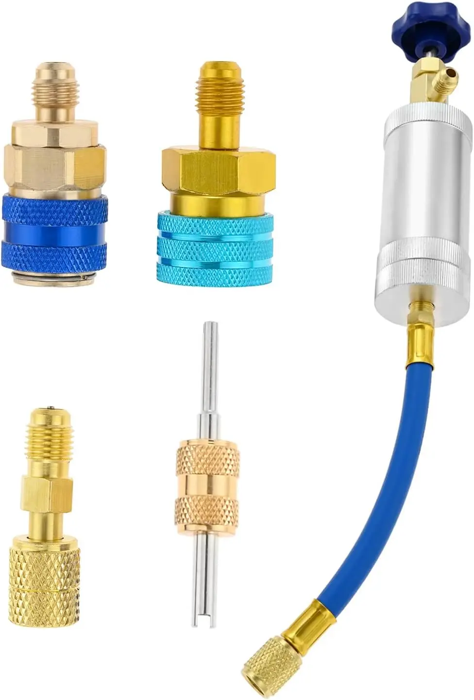 

AC Oil Injector Kit with Female 1/4" SAE X Male 1/4" SAE R1234YF & R134A Low Side Quick Couplers R410A Mini Split Adapter