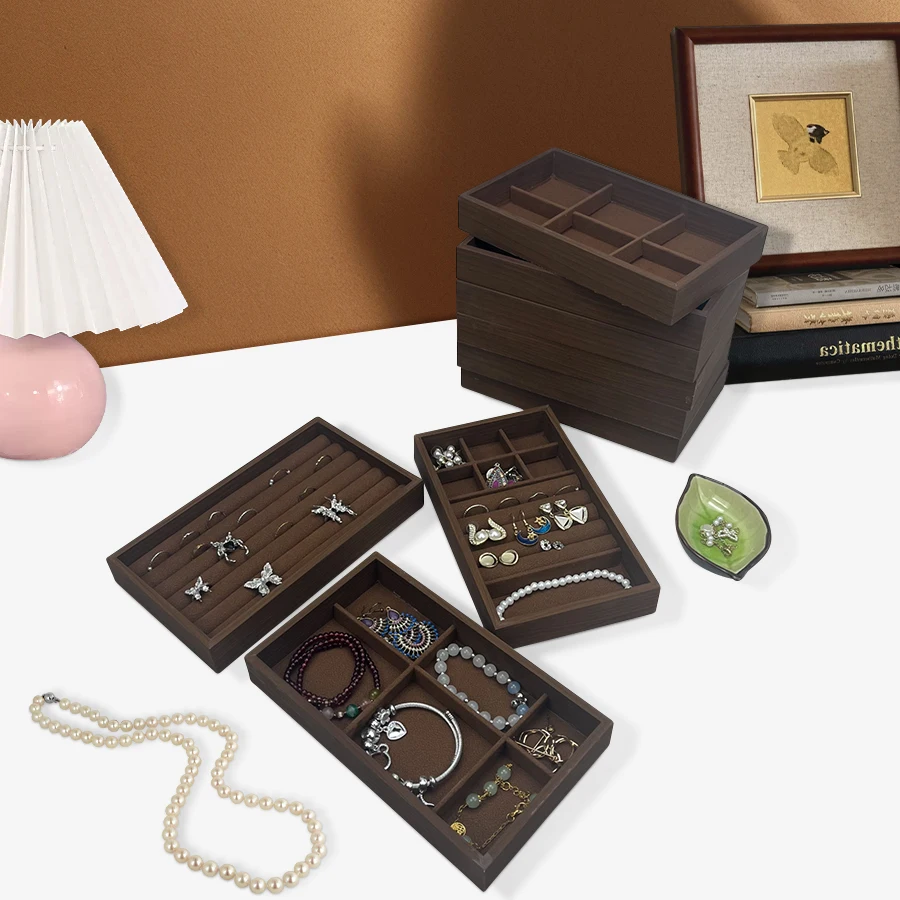 قطعة واحدة، صندوق مجوهرات بنمط خشب الجوز، صينية مجوهرات، مناسبة لتخزين القلائد والخواتم والأقراط وترصيع الأذن #2