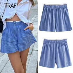 TRAF-Short Taille Haute Rayé pour Femme, Baggy Bleu, Ceinture artificiel astique, Large, Coréen Sexy, Mini Pantalon Chaud, Été 2023