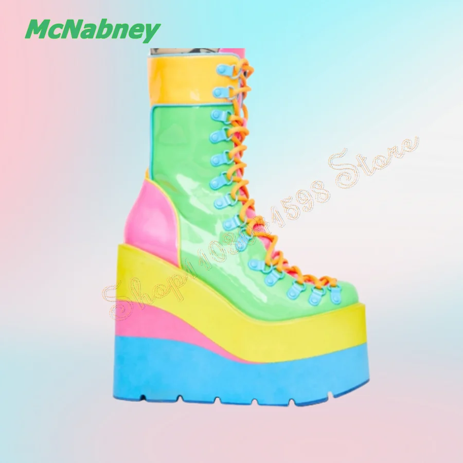 

Rainbow Platform Leather Boots,Non Slip Wedge Boots Lace Zipper Women Boots Fashion Party Plus Size 2024 New Zapatos Para Mujere