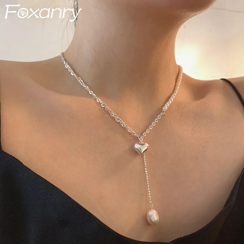 FOXANRY Chain Tassel Pearl Clavicle Chain Necklace for Women Couples New Trendy Elegant LOVE Heart Pendant Wedding Party Jewelry