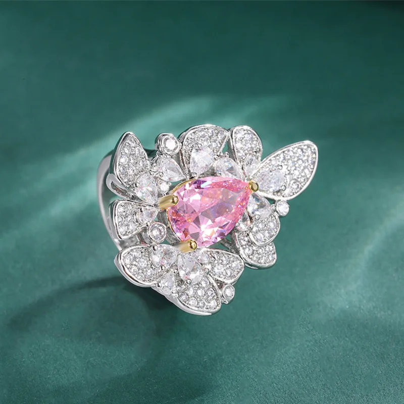 Fashion Light Luxury Water Drop Shaped Colorful Gemstone Ring for Women Shining Colorful Zircon Inlaid Diamond Open Ring Jewelry