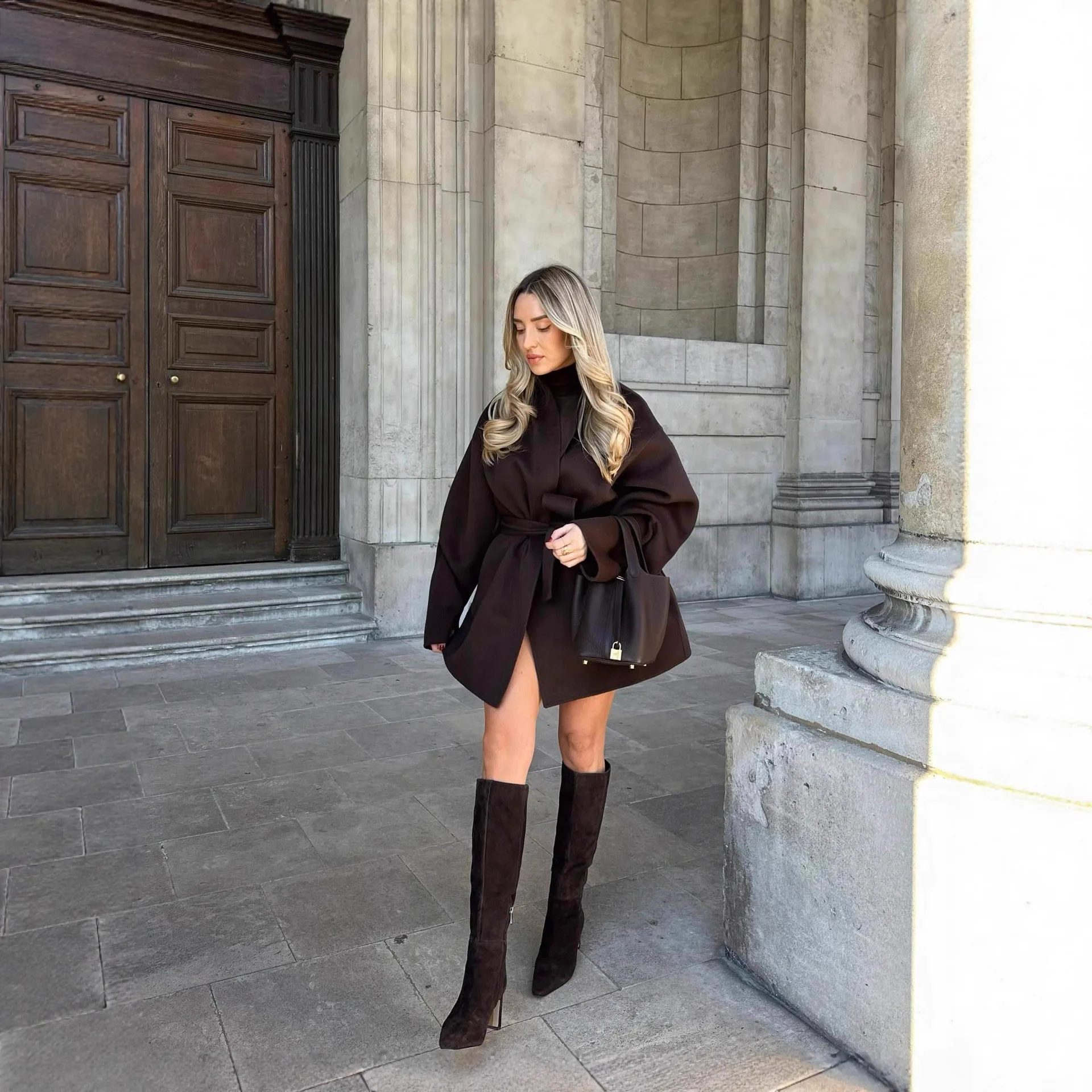 

Ele ort Woolen Coat Women's Autumn Winter Faionable Waist-Cinching Belted Versatile Polyester Fiber Outerwear