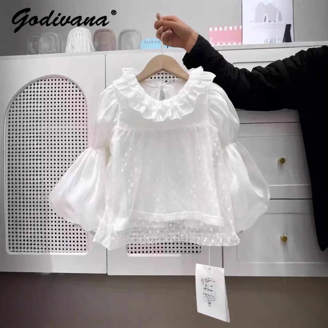 

Sweet Baby Girl Winter Fleece Lined White Lolita Basic Top Kids Ruffle Trim Lace Neck Puff Sleeve Princess Pullover Layer Blouse